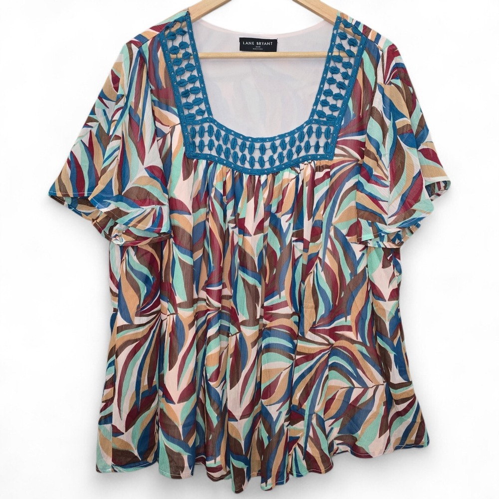 Lane Bryant Top Womens Plus 18/20 Blue Square Neck Crochet Accent Blouse Casual